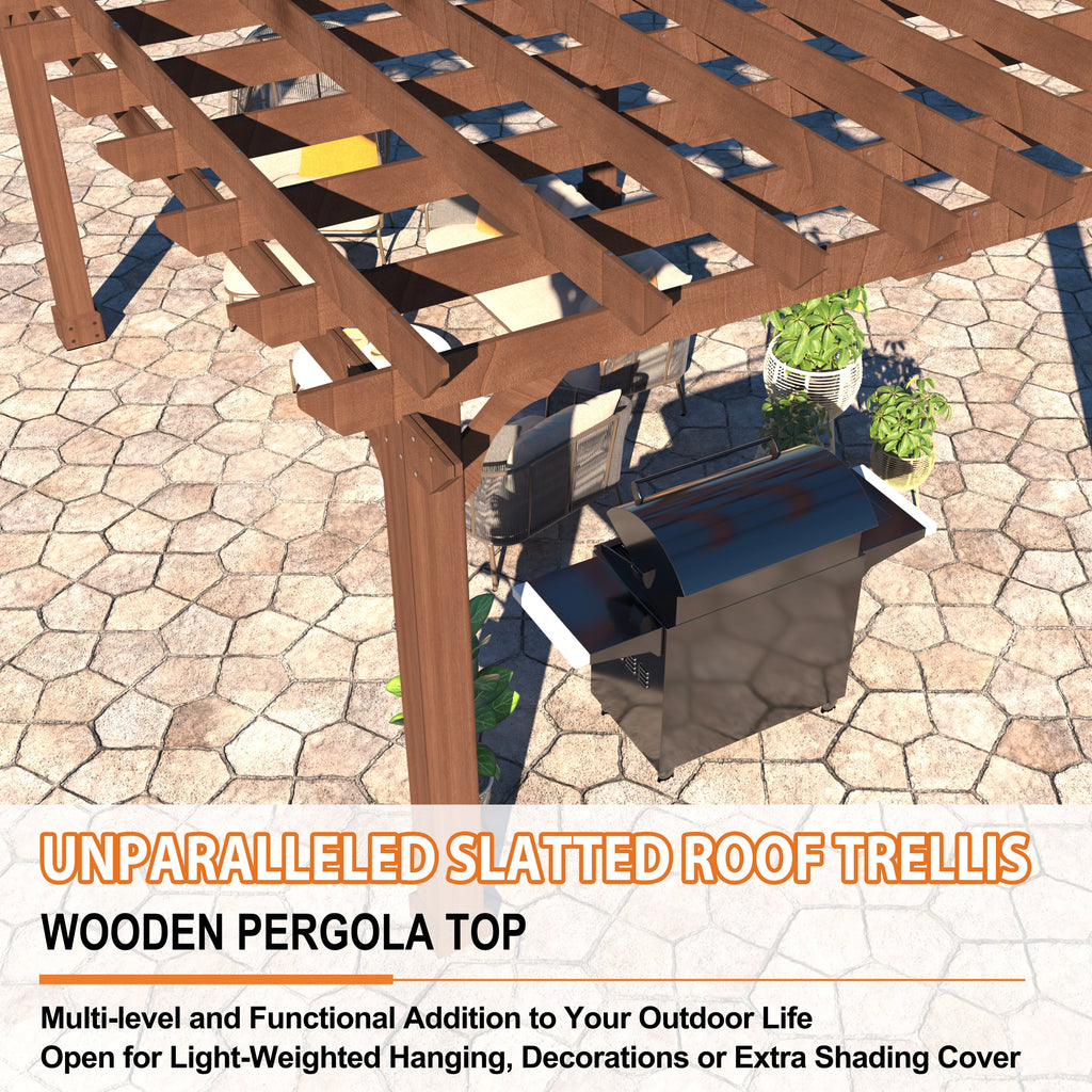 VEIKOUS 12'x10' Cedar Wood Pergola w/ Flat Roof and Ground Stakes for Outdoor Patio, Garden, Deck
