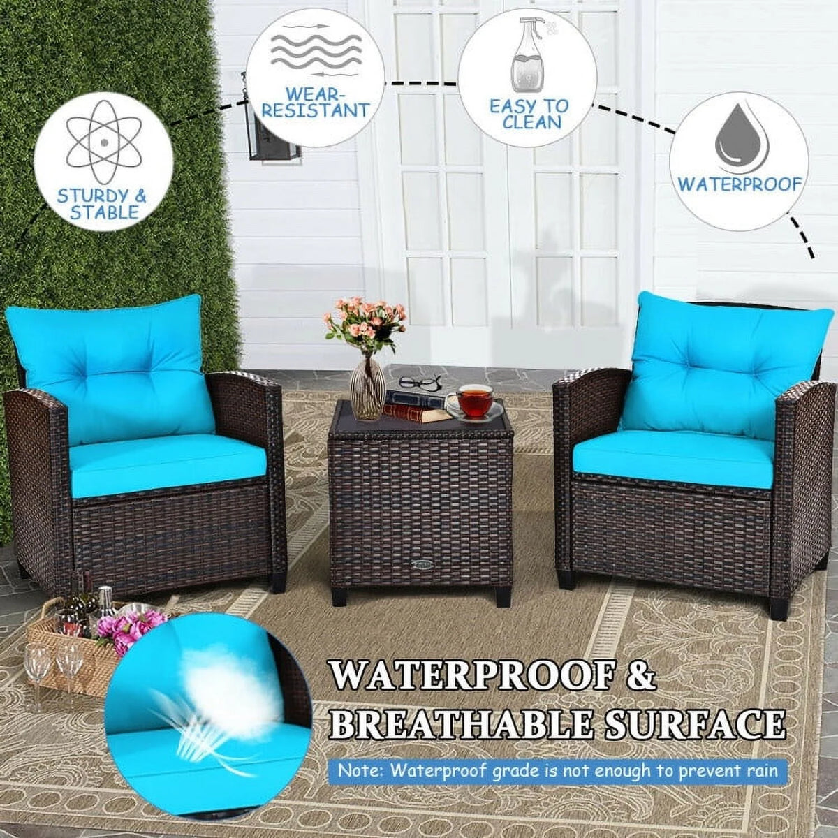 Spaco Patio Furniture 4 Pieces Patio Rattan Furniture Set, Outdoor Wicker Rattan Chairs Garden Backyard Balcony Porch Poolside loveseat with Coffee Table Cushioned Sofa-White
