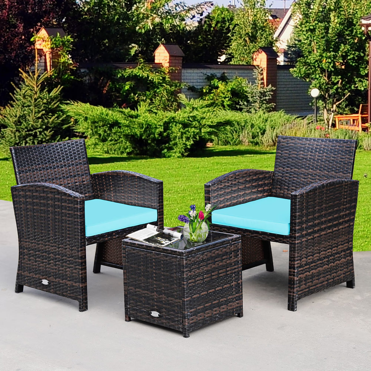 Costway 3PCS Patio Rattan Wicker Furniture Cushion Sofa Coffee Table Gray