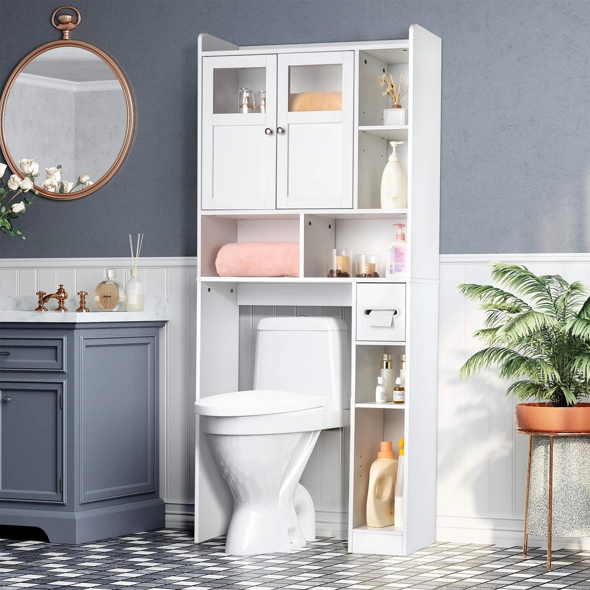 Ktaxon Over the Toilet Bathroom Storage Cabinet with 2 Doors & 3 Storage Shelves Space Saver, White