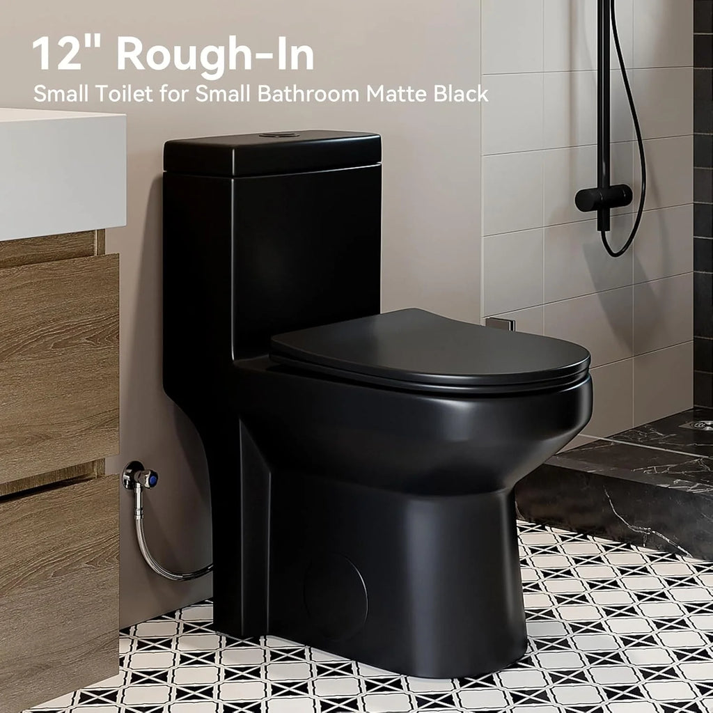 Small One Piece Toilet with Soft Closing & UF Seat,1.1/1.6 GPF Dual Flush 12'' Rough-In Matte Black