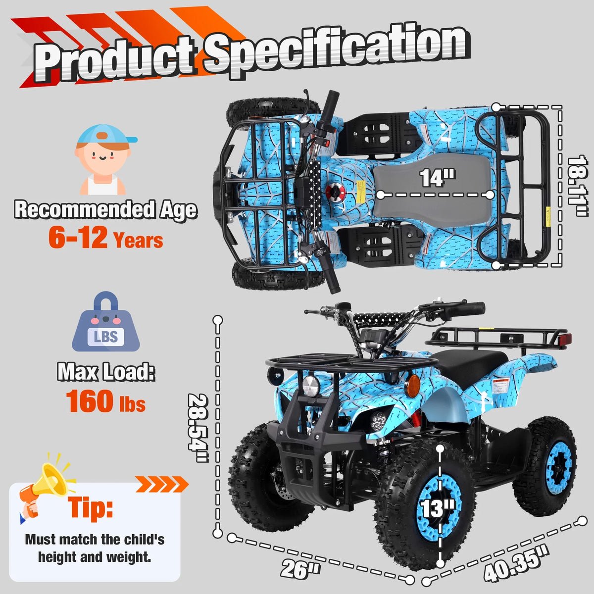 ATV for Kids, 36 Volt Ride on Toys, 500w Motor Quad Bike for Big Kids, Power Car Wheel with Metal Frame, Speed Control, Suspension, Black