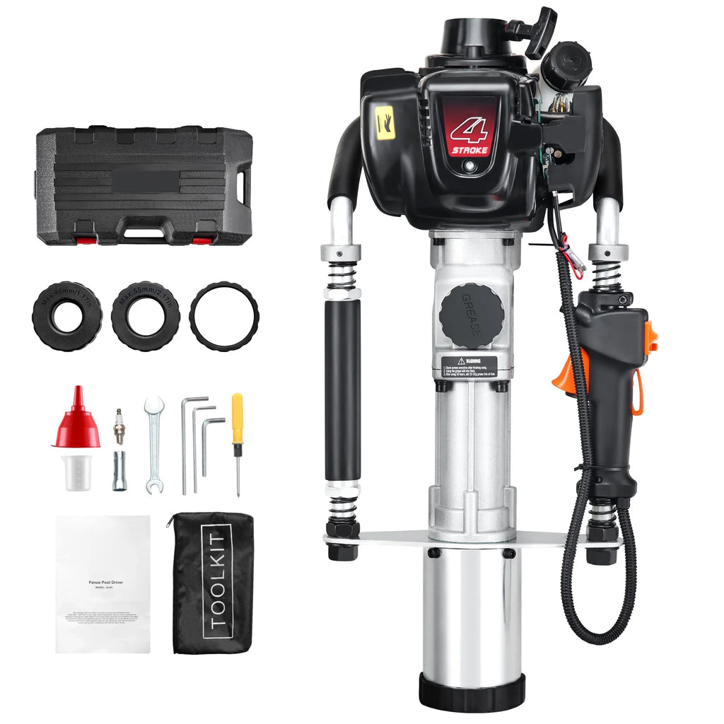 SKYSHALO 37.77cc Gas T Post Driver, 4-Stroke Engine, Includes 3 Driving Heads (45/55/88 mm), 1000W, Ideal for Farm Fences & Road Work