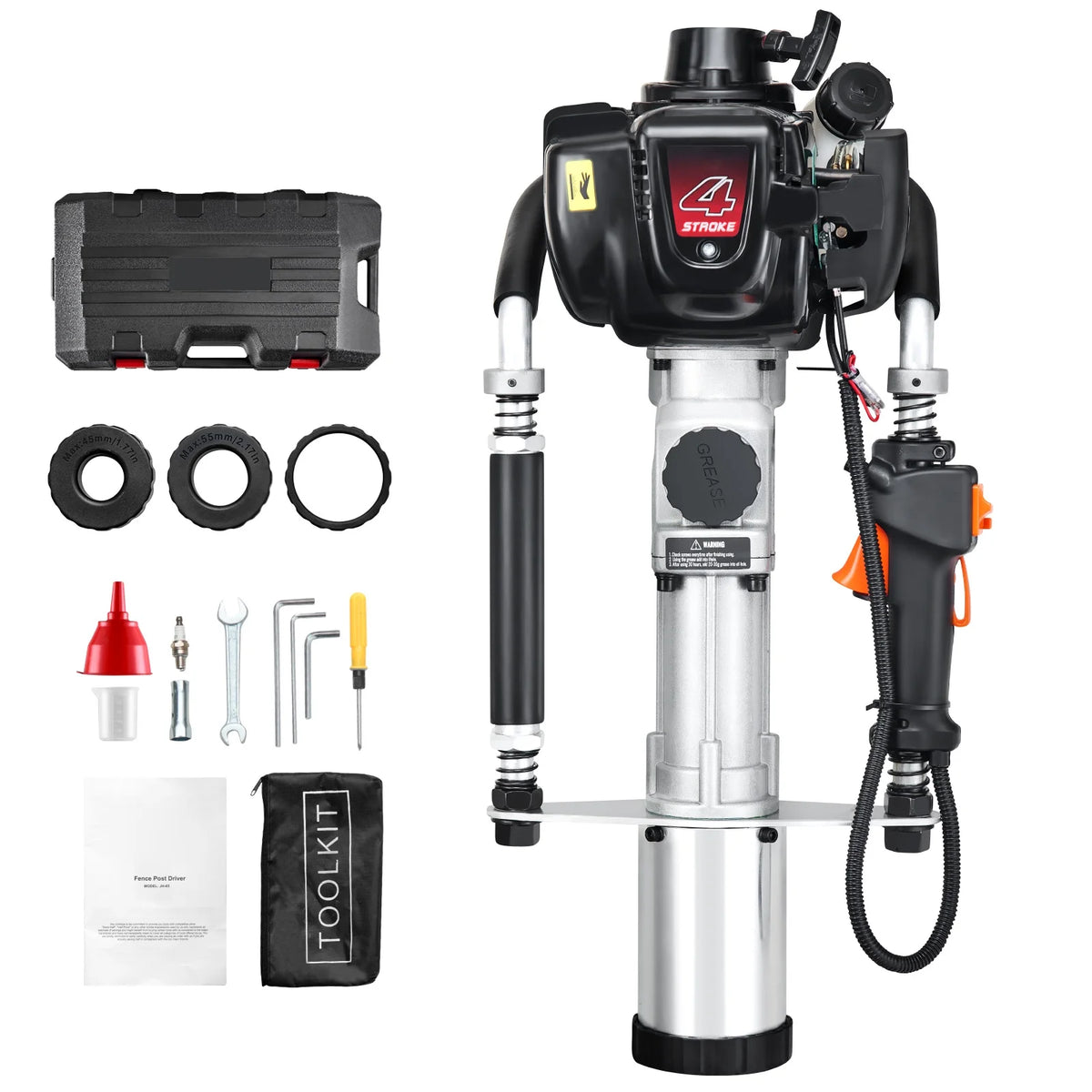 SKYSHALO 37.77cc Gas T Post Driver, 4-Stroke Engine, Includes 3 Driving Heads (45/55/88 mm), 1000W, Ideal for Farm Fences & Road Work