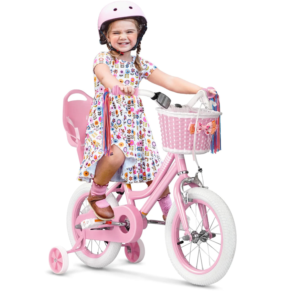 XJD Girls Bike for Toddlers 3-9 Years Old Kids, 14 Inch Kids Bike with Training Wheels, Streamers, Basket and Doll Seat, Children Bicycles with Handbrake