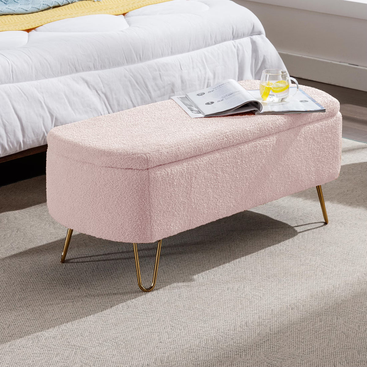 Syngar Entryway Bench with Storage for Bedroom, Living Room, and End of Bed, Faux Fur Ottoman Foot Rest with Storage,Upholstered Bench with Storage with Metal Leg,Ivory