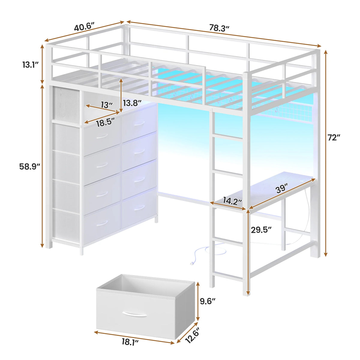 Afuhokles Twin Size Loft Bed with Desk and 8 Storage Drawers and Charging Station, Metal Loft Bed Twin with LED Lights, Storage Shelves, Black