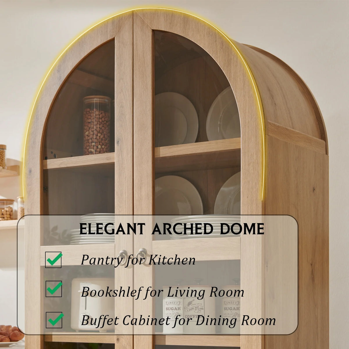 SinCiDo Arched Kitchen Pantry Storage Cabinet, 71-Inch Tall Wood Adjustable Shelves, 2 Doors, 2 Drawers