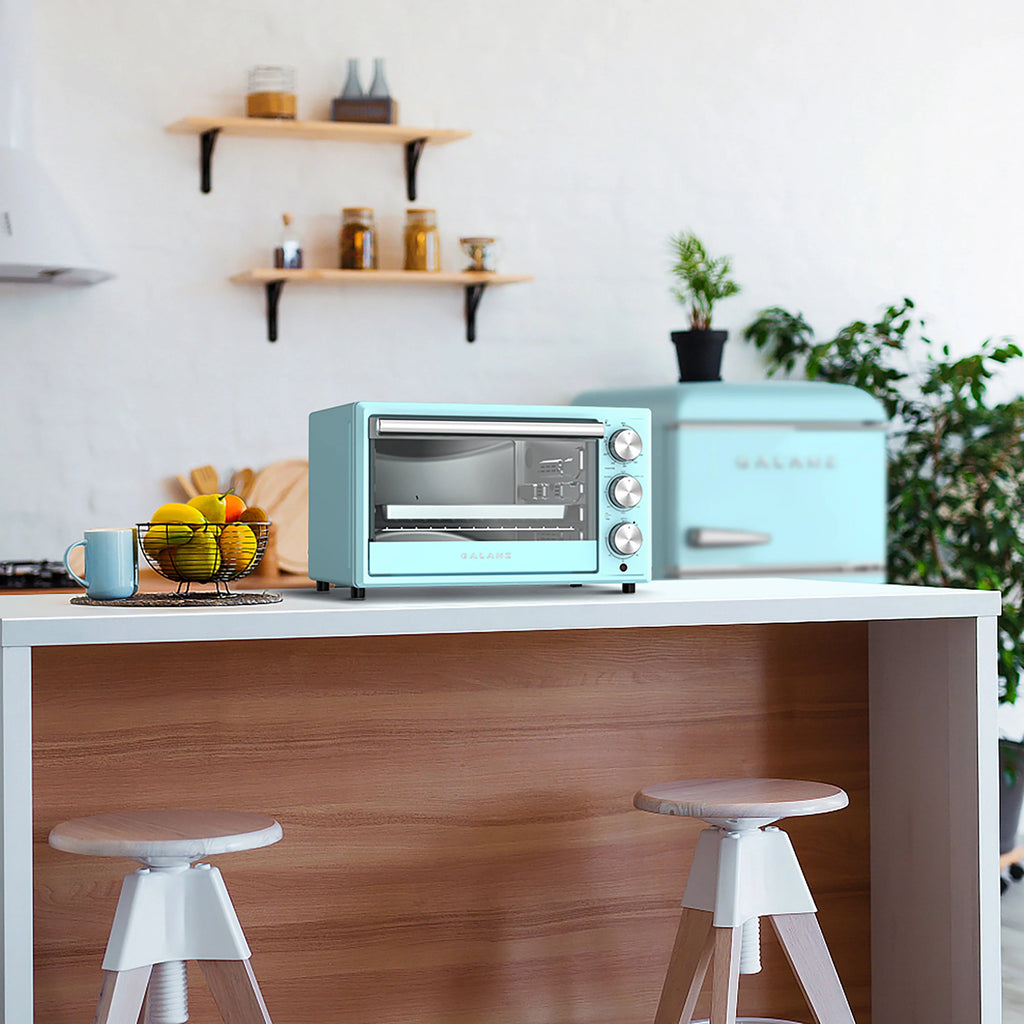 Galanz Retro Toaster Oven, True Convection, Indicator Light, 8 Cooking Programs, 1500W, 120Volts, 0.9 Cu.Ft Capacity, Blue
