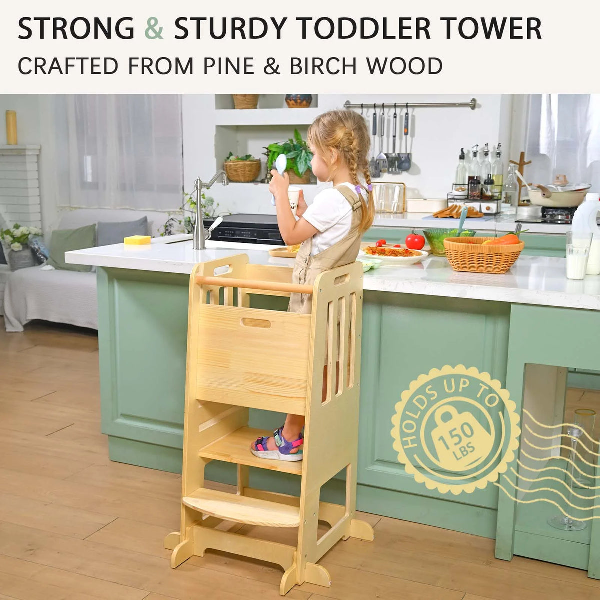 Toddler Standing Tower, Kids Kitchen Stool Helper 3 Levels Adjustable Height Wooden Toddler Step Stools for Learning New Skills