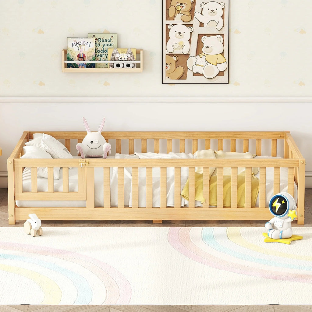 Bellemave Full Size Floor Bed with Door and Fence Floor Bed with Bed Slats Sturdy Wood Floor Bed Montessori Bed Frame (Full, Pink)