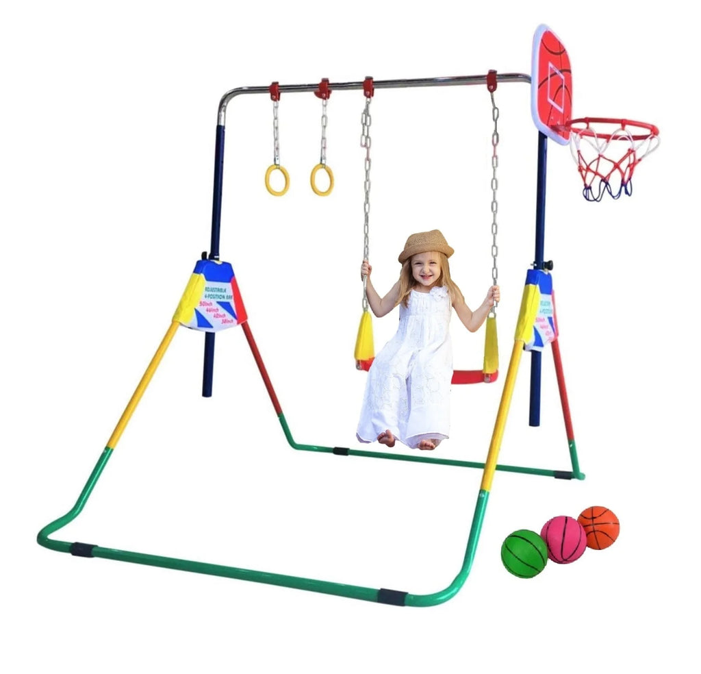 Adjustable Height Gymnastics Bar for Kids Kip Bar 6 in 1 Set, 6'x2' Gymnastic Tumble Mat, Swing Seat, 2 Trapeze Rings, Basketball Hoop, Home Junior Training Monkey Bars Fitness Balance Horizontal Bar