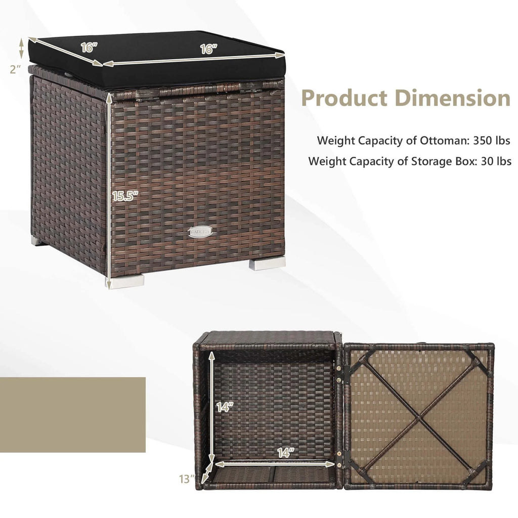 Costway 2PC Patio Rattan Ottoman Seat Side Table Storage Box Footrest Off White
