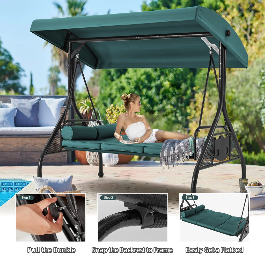 Homrest 3 Seat Outdoor Porch Swing with Adjustable Canopy, Cushions, and Cup Holder - Wine Red