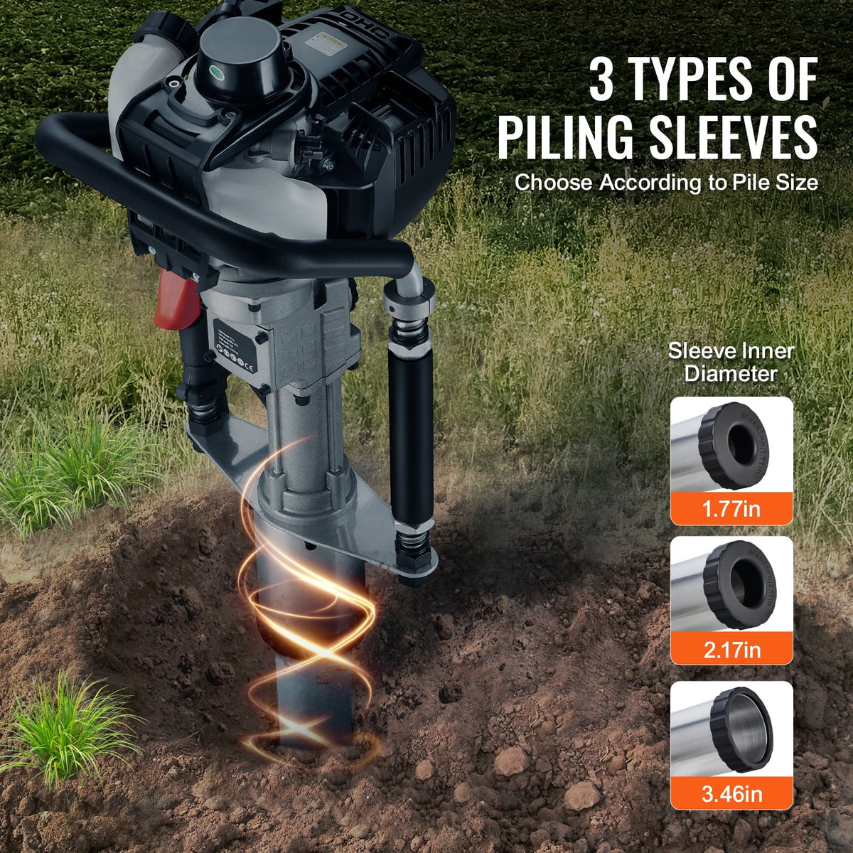 SKYSHALO 37.77cc Gas T Post Driver, 4-Stroke Engine, Includes 3 Driving Heads (45/55/88 mm), 1000W, Ideal for Farm Fences & Road Work