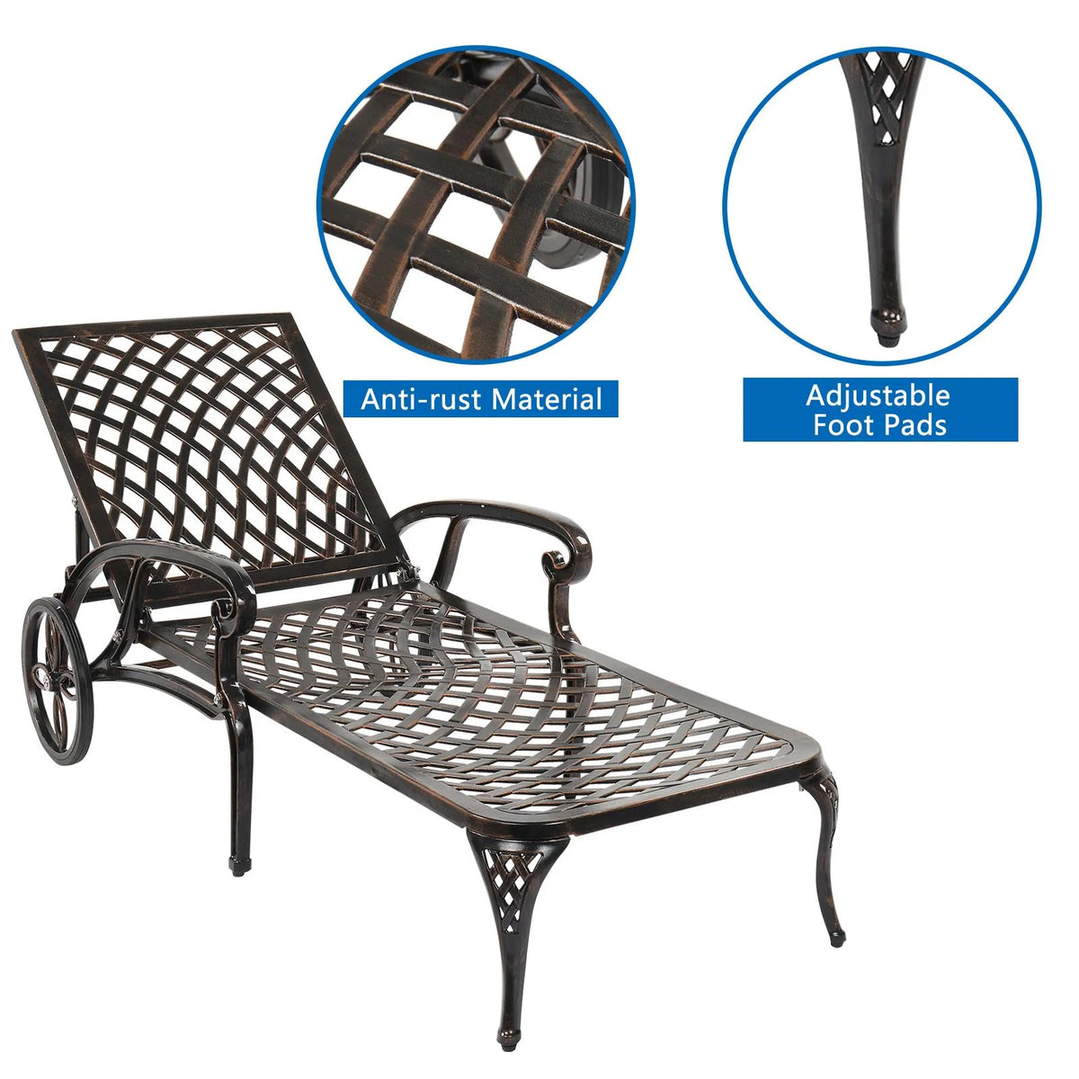 Zimtown Cast Aluminum Lounge Chair Adjustable Patio Recliner, Patio Chaise Chair, Heavy Duty Lying Bed for Garden, Poolside, Yard, Lawn, Black