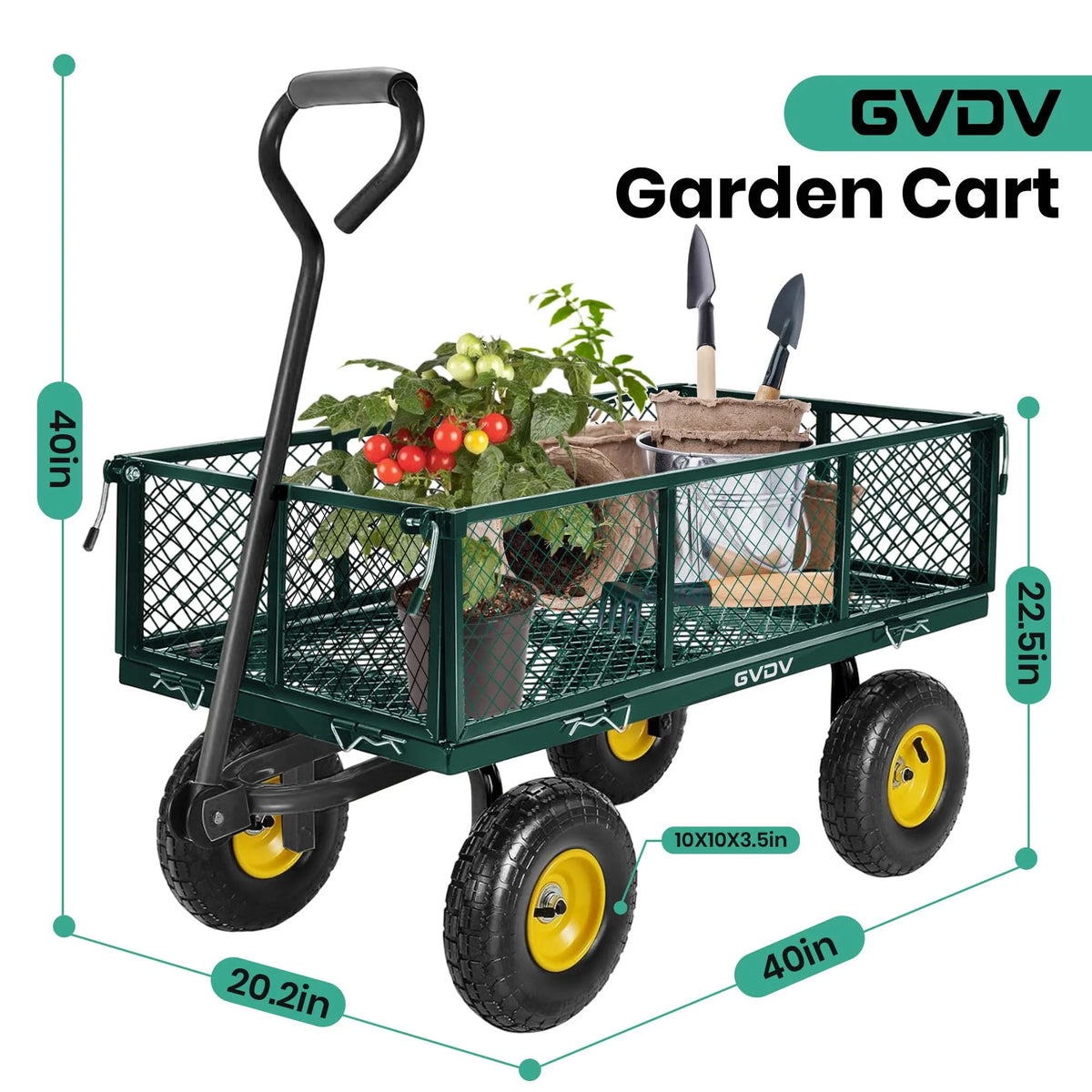 GVDV Heavy Duty Steel Garden Cart with Liner, 660lbs Capacity, 3 Cu ft, 10" All-Terrain Wheels, Black/Yellow Durable Utility Cart for Yard Work, Hauling, and Outdoor Use