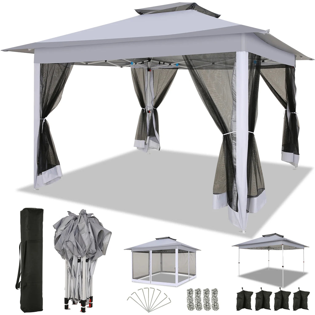 HOTEEL 11x11 Outdoor Waterproof Gazebo, Pop up Canopy Gazebo with Mosquito Netting & UV Protection for Parties, Camping, Weddings, and Backyard Events, Gray