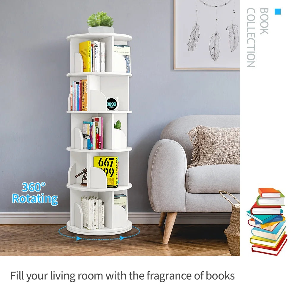 Bimiti 5 Tier Rotating Bookshelf, 360 Revolving Bookcase 20 Shelves Floor-Standing Storage Display Rack - White 63"x18"x18", Adult
