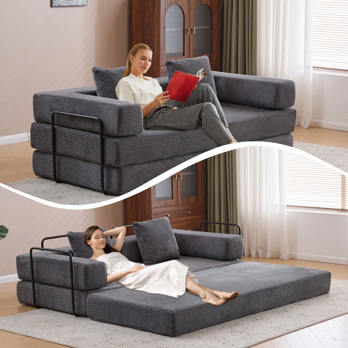 Taicans Convertible Floor Sofa Bed - 3 Seats Foldable Corduroy Futon Couch w/Pillow Support,Space-Saving Guest Bed for Living Room,Dorm,No Assembly Compressible Foam Mattress (Gray,76.7Inch L)