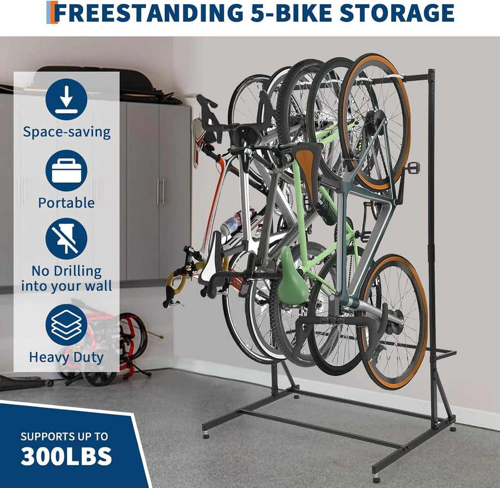 Floor Bike Rack Garage Free Standing with 5 Hooks,Vertical Bike Stand Bicycle Storage,Bike Hangers for Garage Indoor Use for 5 Bicycles, Metal Floor Mount,Up to 300lbs,46in W,Adjustable Height