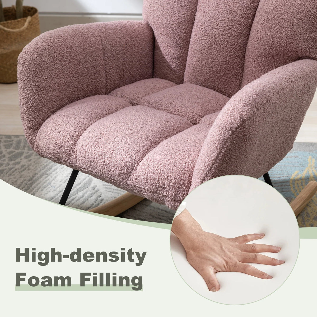 HONSIT Pink Nursery Rocking Chair, Teddy Fabric Upholstered Glider Rocker with High Backrest, Modern Rocking Accent Chairs Comfy Side Chair for Nursery, Bedroom, Living Room