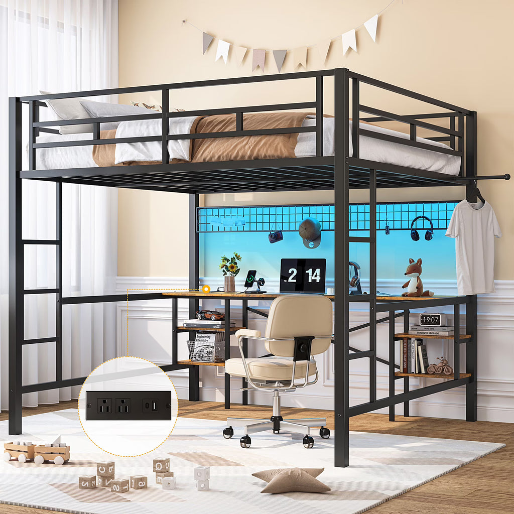 Twin Loft Bed with Desk, UHOMEPRO Metal Loft Bed with LED Lights, Charge Station, DIY Mesh, Clothes Rail, 4 Storage Shelves, Safety Rails and 2 Ladders, Loft Bed for Teen Adult, Black