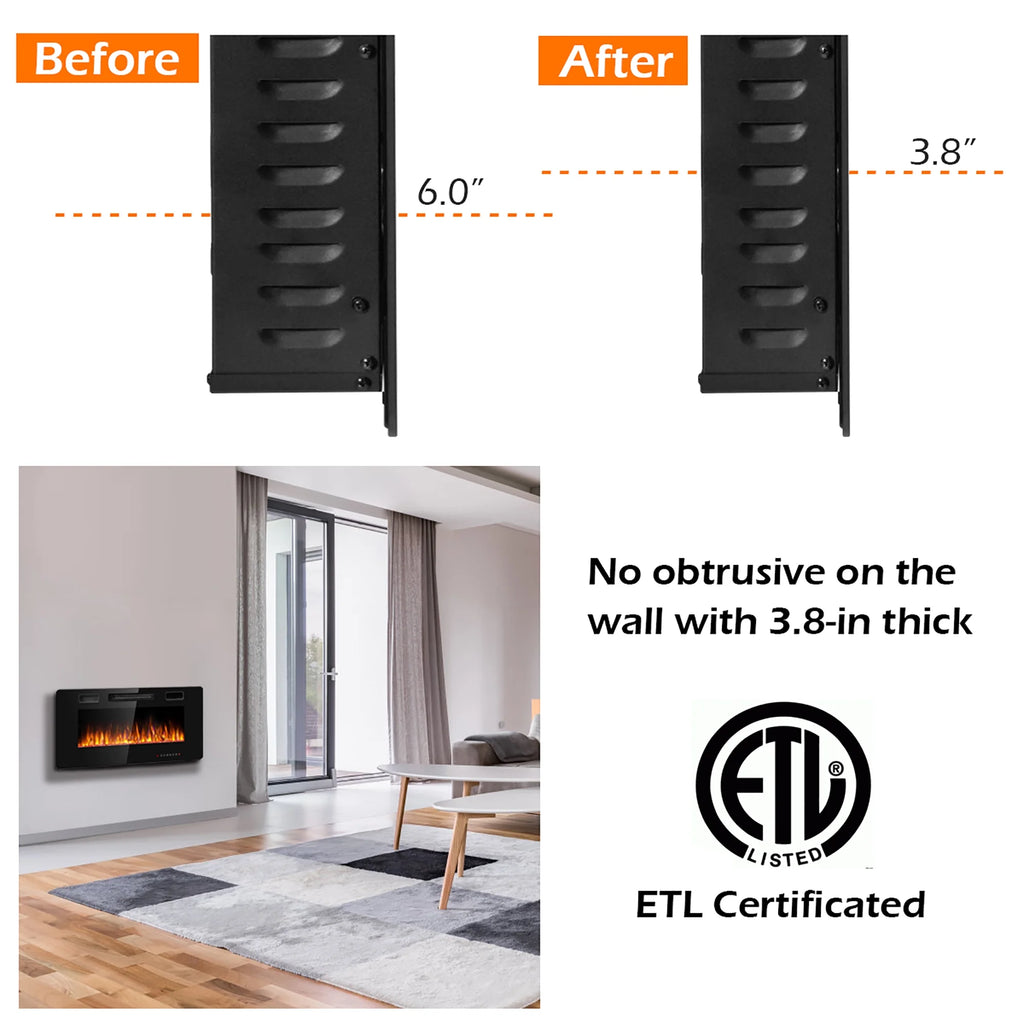 Costway 36'' Electric Fireplace Recessed Ultra Thin Wall-Mounted Heater w/Multicolor Flame