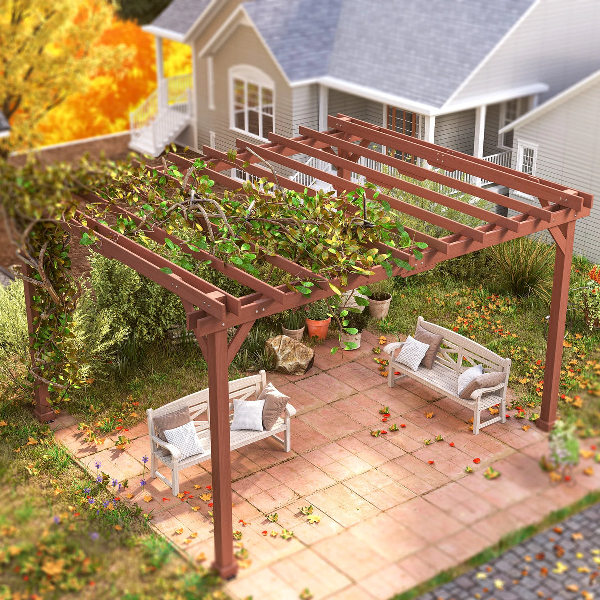 Outsunny 11' x 12.5' Outdoor Wood Pergola with Grape Trellis for Patio, Deck, Backyard, Lawn, Brown