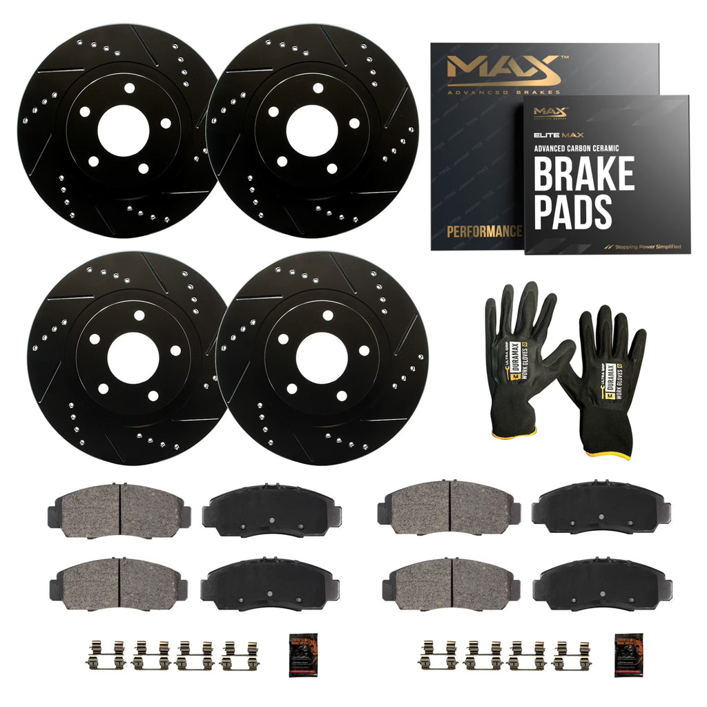 Max Advanced Brakes - Brake Kit for 2018-2020 Chevy Traverse Blazer Buick Enclave FWD 2017-2020 GMC Acadia Front and Rear Replacement Cross Drilled Disc Brake Rotors and Ceramic Brake Pads