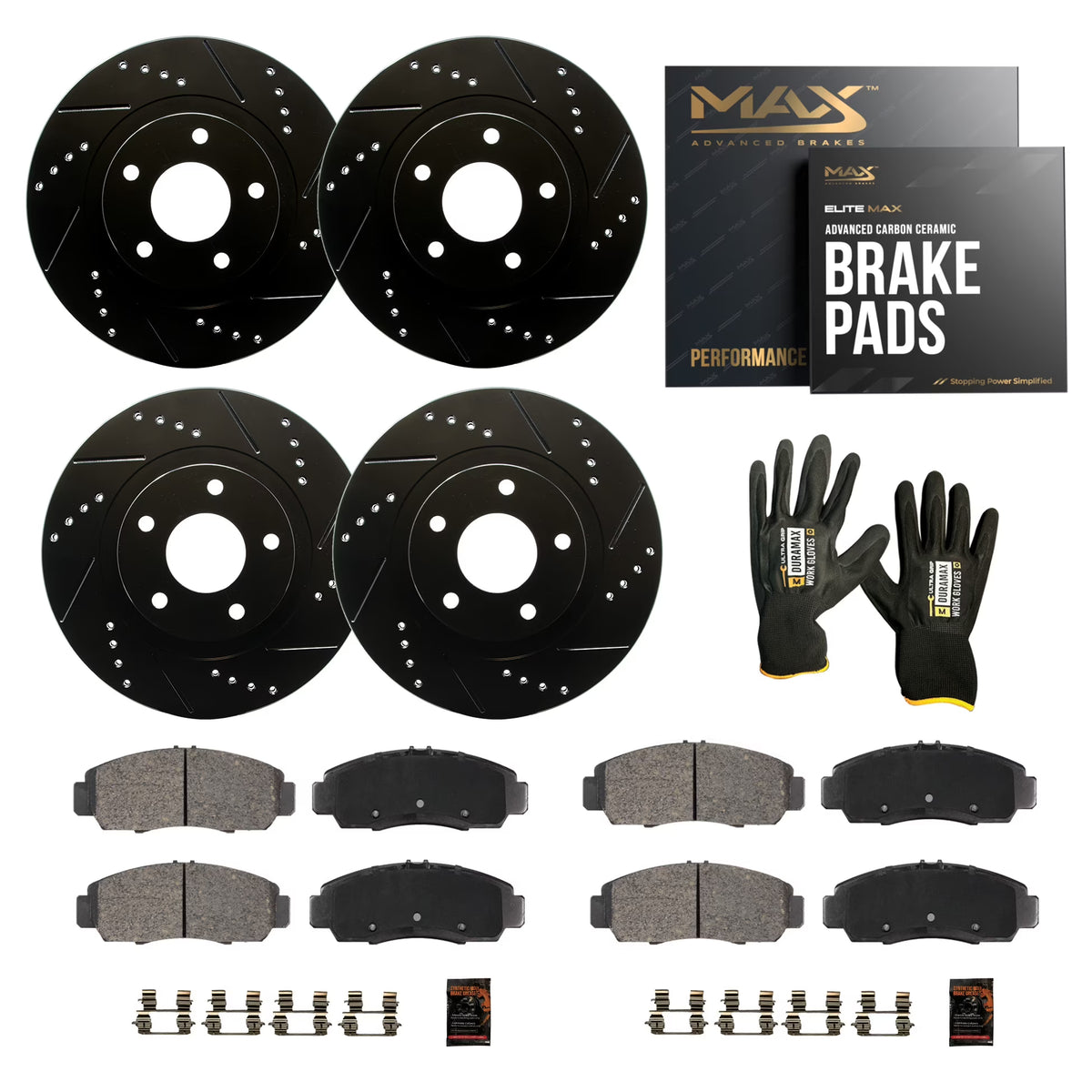 Max Advanced Brakes - Brake Kit for 2018-2020 Chevy Traverse Blazer Buick Enclave FWD 2017-2020 GMC Acadia Front and Rear Replacement Cross Drilled Disc Brake Rotors and Ceramic Brake Pads