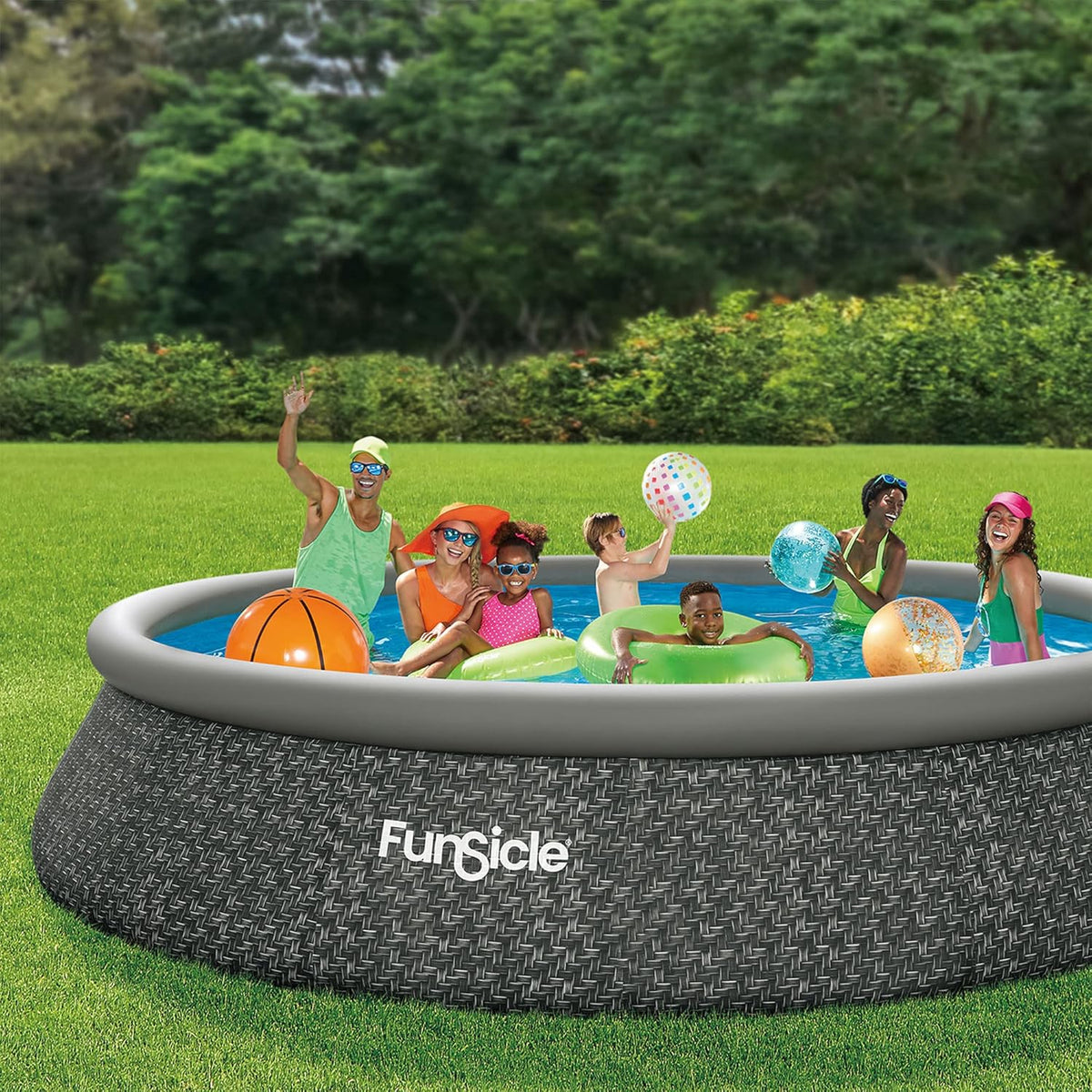 Funsicle 12 Foot by 36 Inch Quickset Round Inflatable Ring Top Outdoor Above Ground Swimming Pool Set with Pump and Cartridge Filter, Dark Herringbone