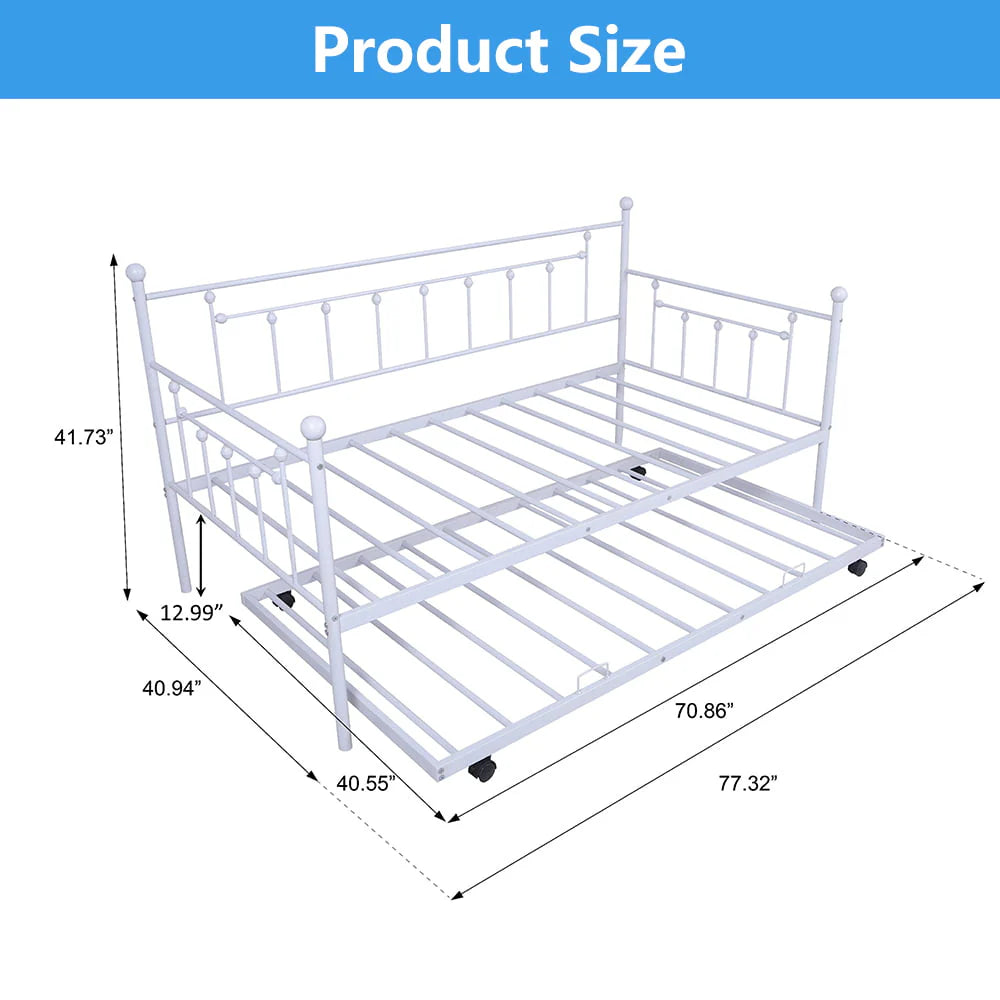 BTMWAY Twin Daybed with Trundle Included, Metal Daybed Frame with Pull Out Trundle Bed, No Box Spring Needed, Twin Size Daybed Sofa Bed for Kid's Room Bedroom, Each Bed Holds 400lb, White