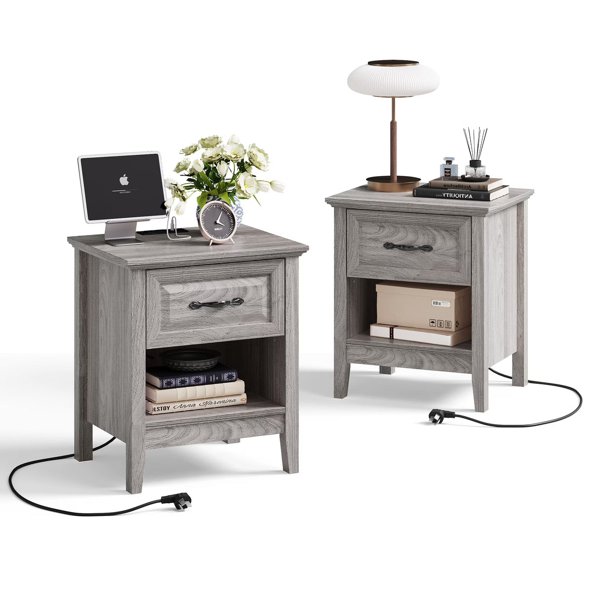 Linsy Home Nightstand for Bedroom set of 2 with Charging Station, Farmhouse End Tables for Living Room set of 2 with Drawer, Beige