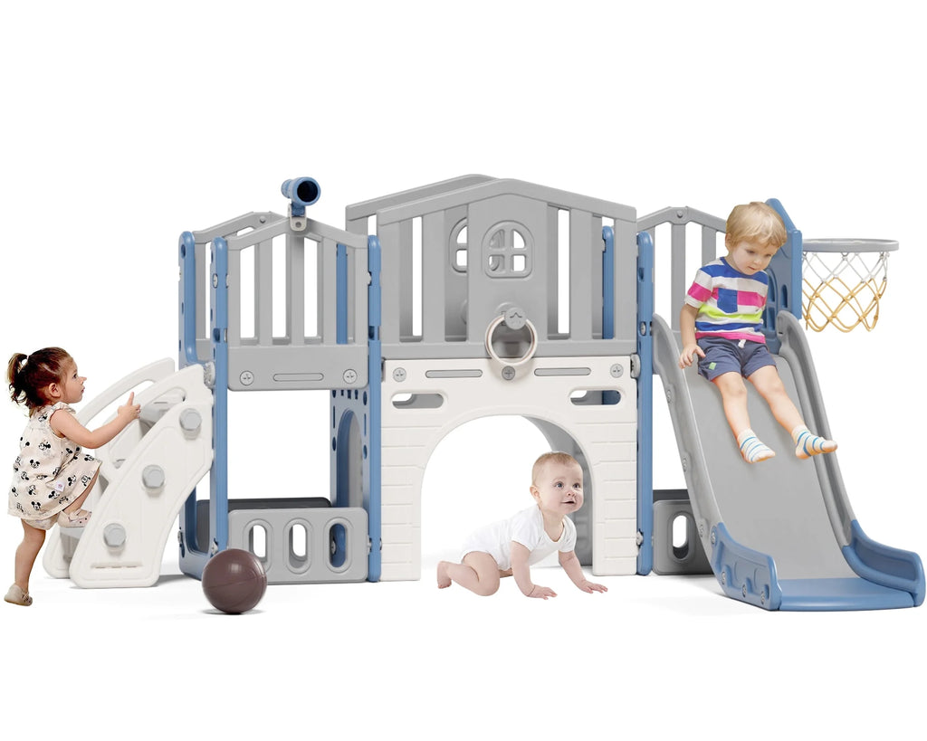 KORIMEFA 9 in 1 Kids Toddler Slide Set, Toddler Climber Slide for Age 1-3 with Basketball Hoop & Ball, Indoor Outdoor Playground Slide, Blue