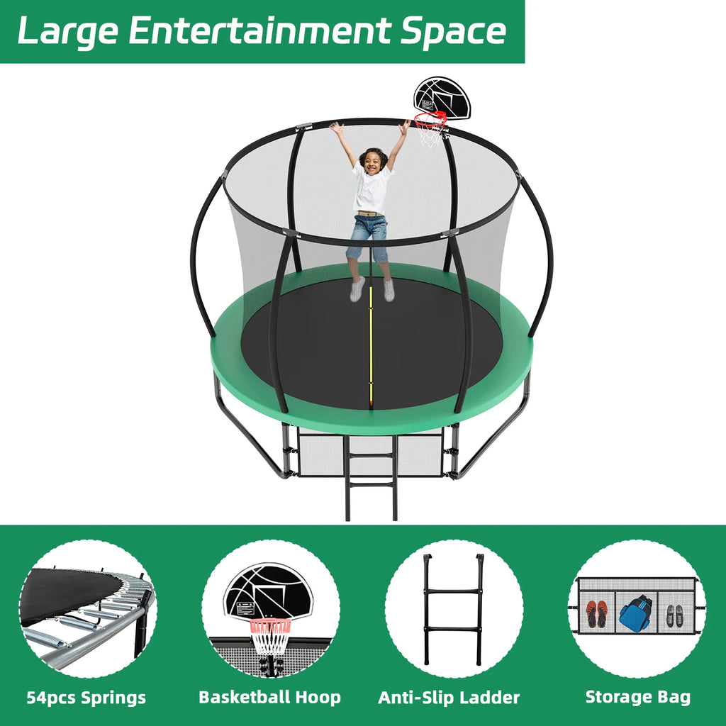 Netrum 10ft Kids Trampoline with Basketball Hoop, Outdoor Trampolines with Enclosure Net,Ladder, 880Lbs Trampoline for 4 Kids Green
