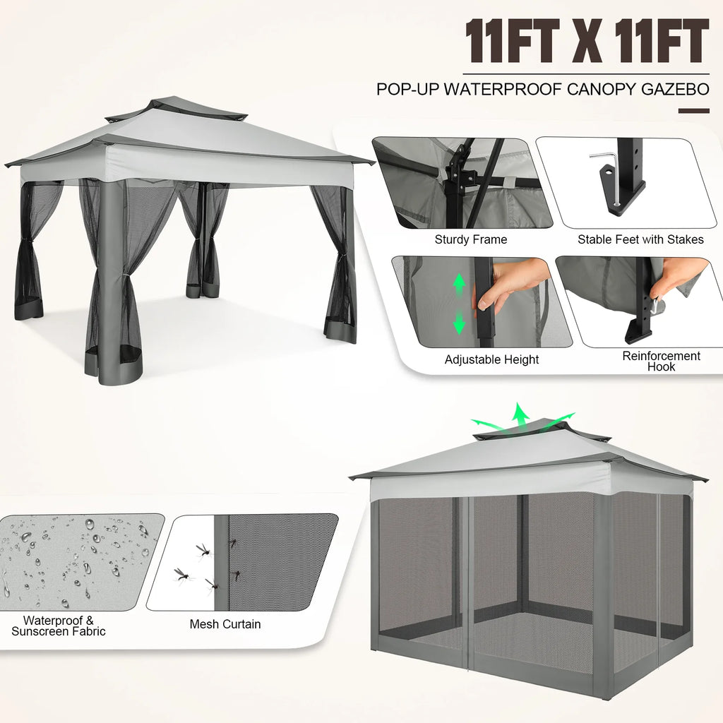 HOTEEL 11x11 Outdoor Waterproof Gazebo, Pop up Canopy Gazebo with Mosquito Netting & UV Protection for Parties, Camping, Weddings, and Backyard Events, Gray