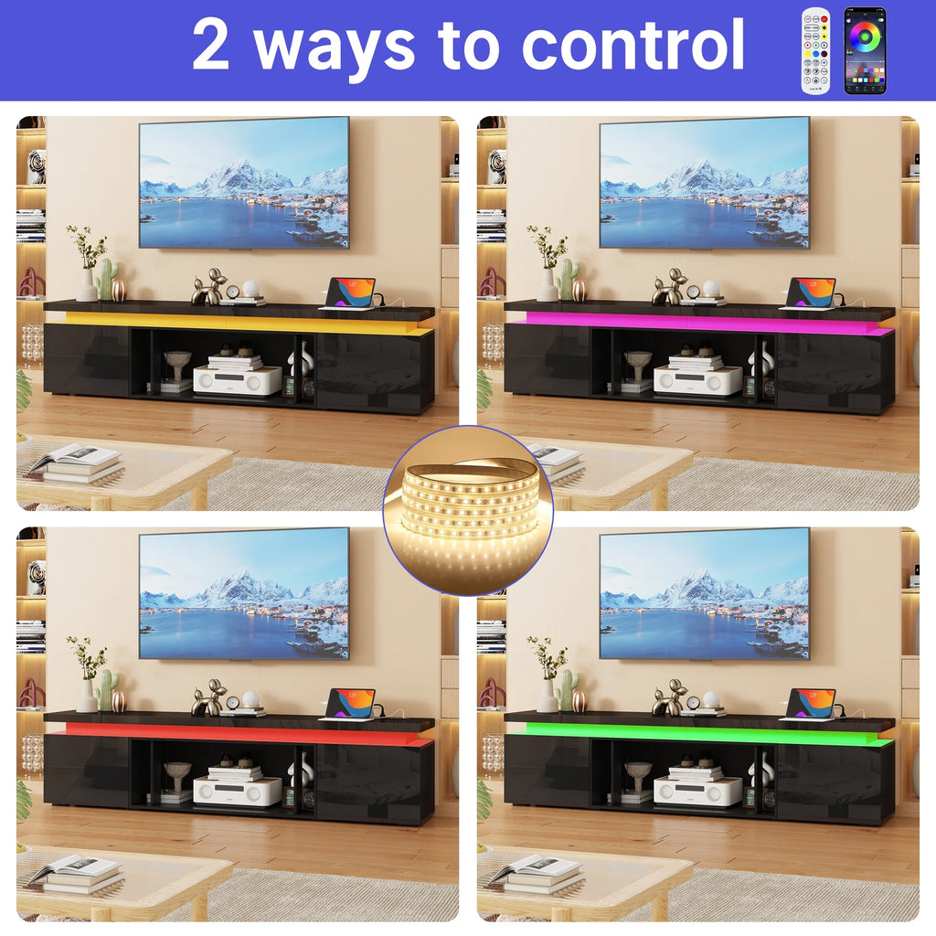 Blotout High Gloss LED TV Stand for up to 80" TVs /40" Electric Fireplace, 71" Large Entertainment Center Console Table with Power Charging Station