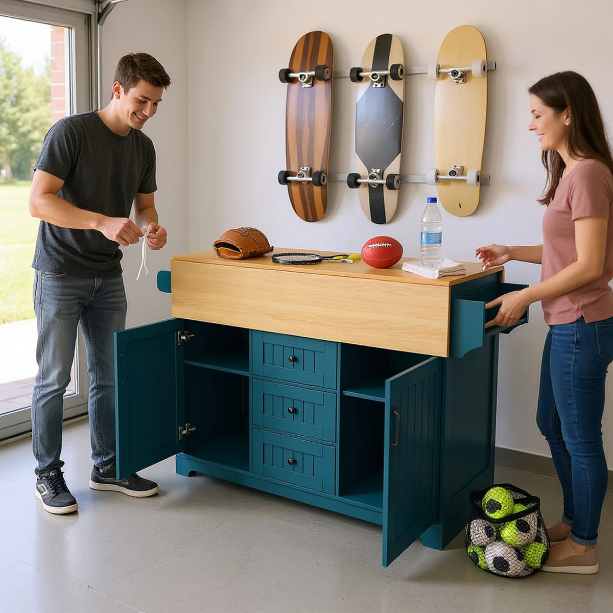 Homy Casa Rolling Large Garage Storage Cabinet with Dual Drop Leaves, Power Outlets for Office Gym, School