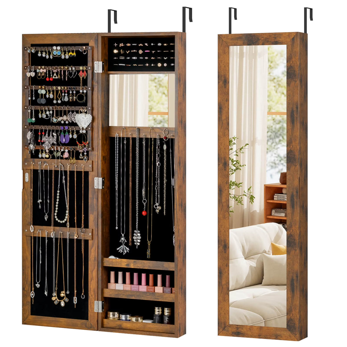 Costway Wall Door Mounted Mirrored Jewelry Cabinet Storage Organizer-Black
