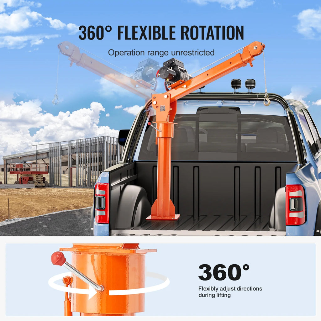 VEVOR Electric Pickup Truck Crane, 2200 lbs, Folding Truck-Mounted Bed Crane with Electric Winch 6000 lbs, Steel Pickup Truck Jib Crane Hoist 360 Swivel for Lifting Goods in Construction, Factory