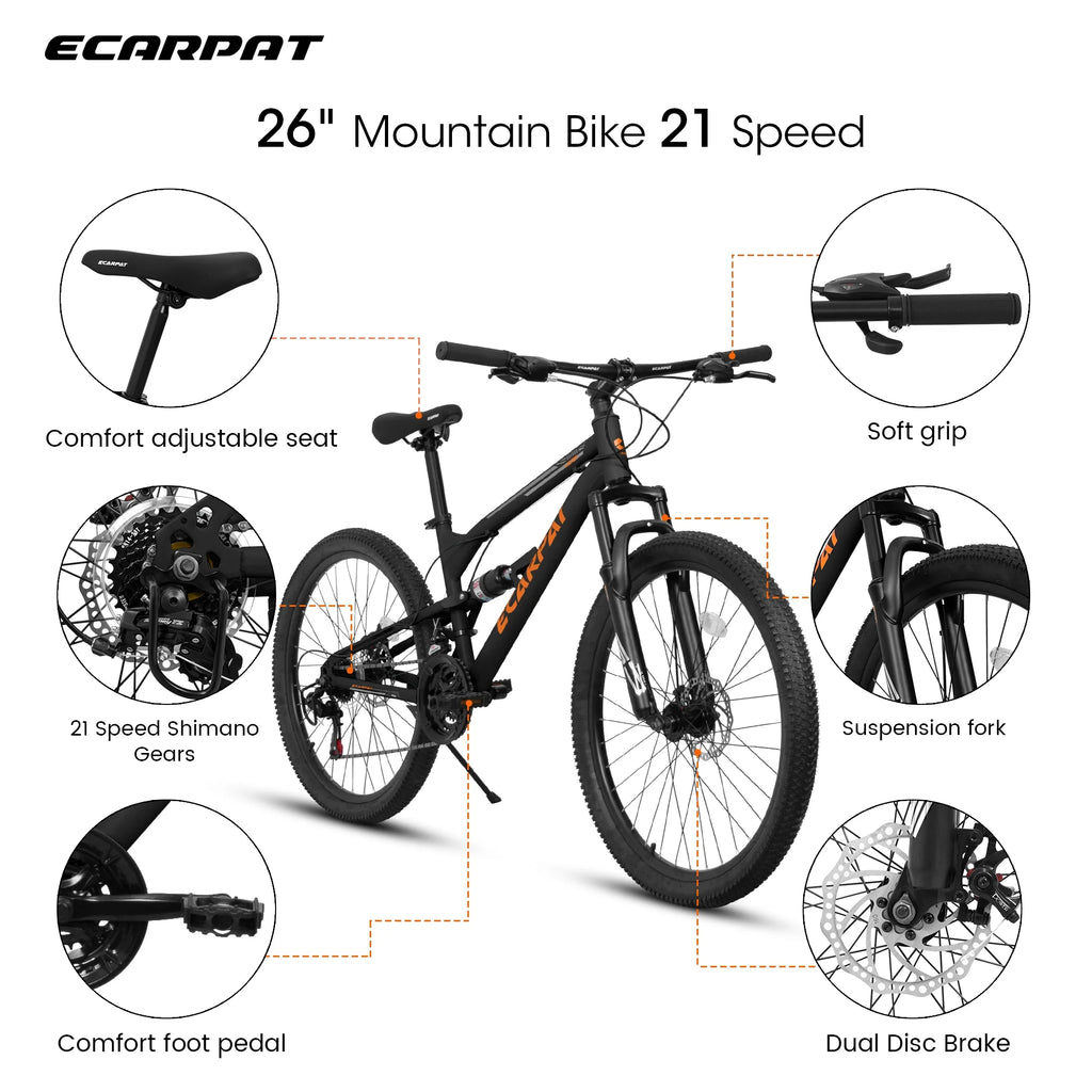 26-Inch Mountain Bike for Men & Women, 21-Speed, Steel Frame with Front Fork and Rear Shock Absorber(Black)