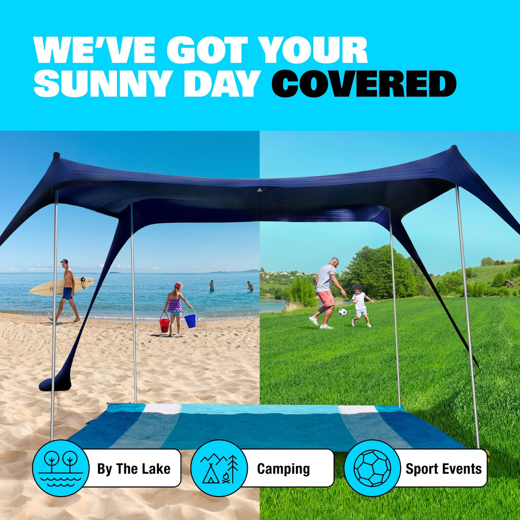 SUN NINJA 10x10.5 FT Pop-Up Beach Tent with Sand Shovel, Pegs & Stability Poles Navy Blue Sun Shelter for Beach, Camping & Outdoor Activities