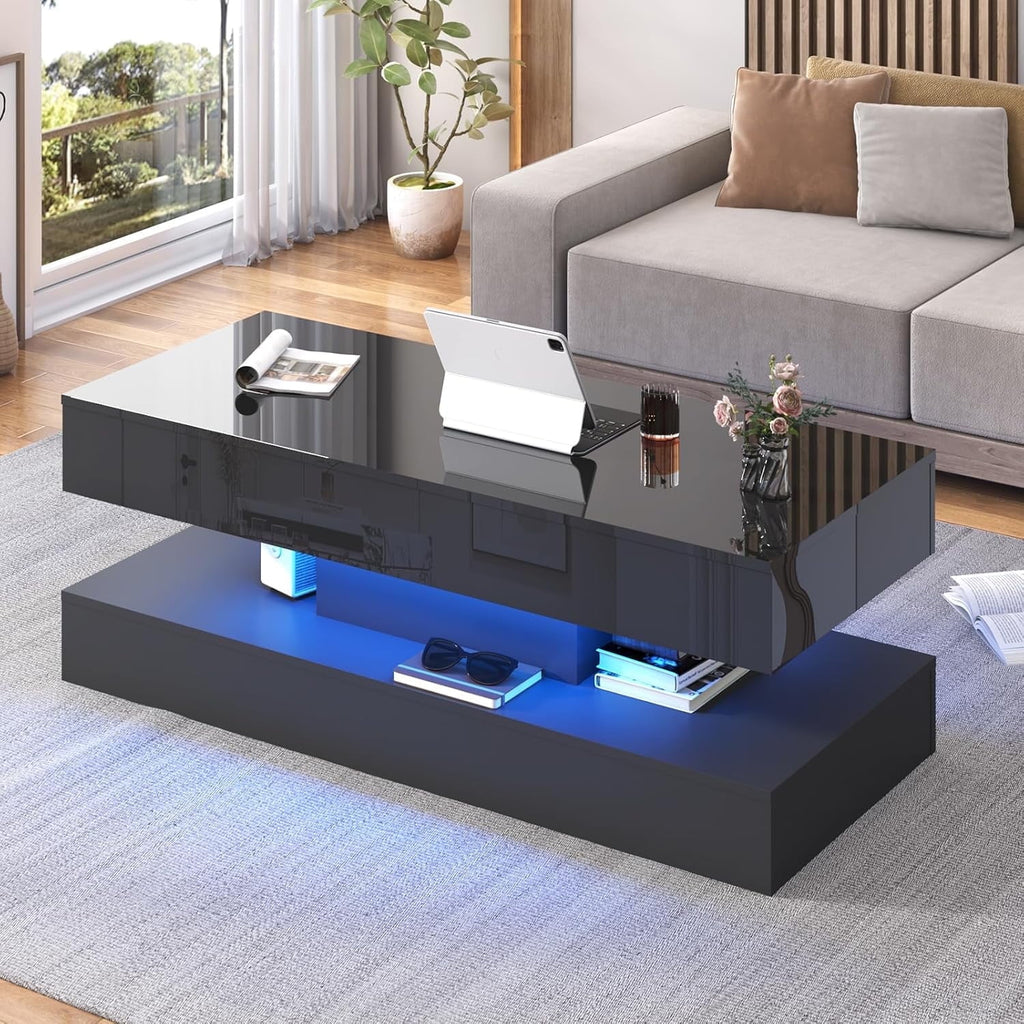 ChVans Large Black LED Coffee Table with 2 Storage Drawers, Modern High Gloss Coffee Table w/20 Colors LED Lights/APP Control, 2 Tiers Rectangle Large Living Room Furniture w/Marbling Print(47.3")