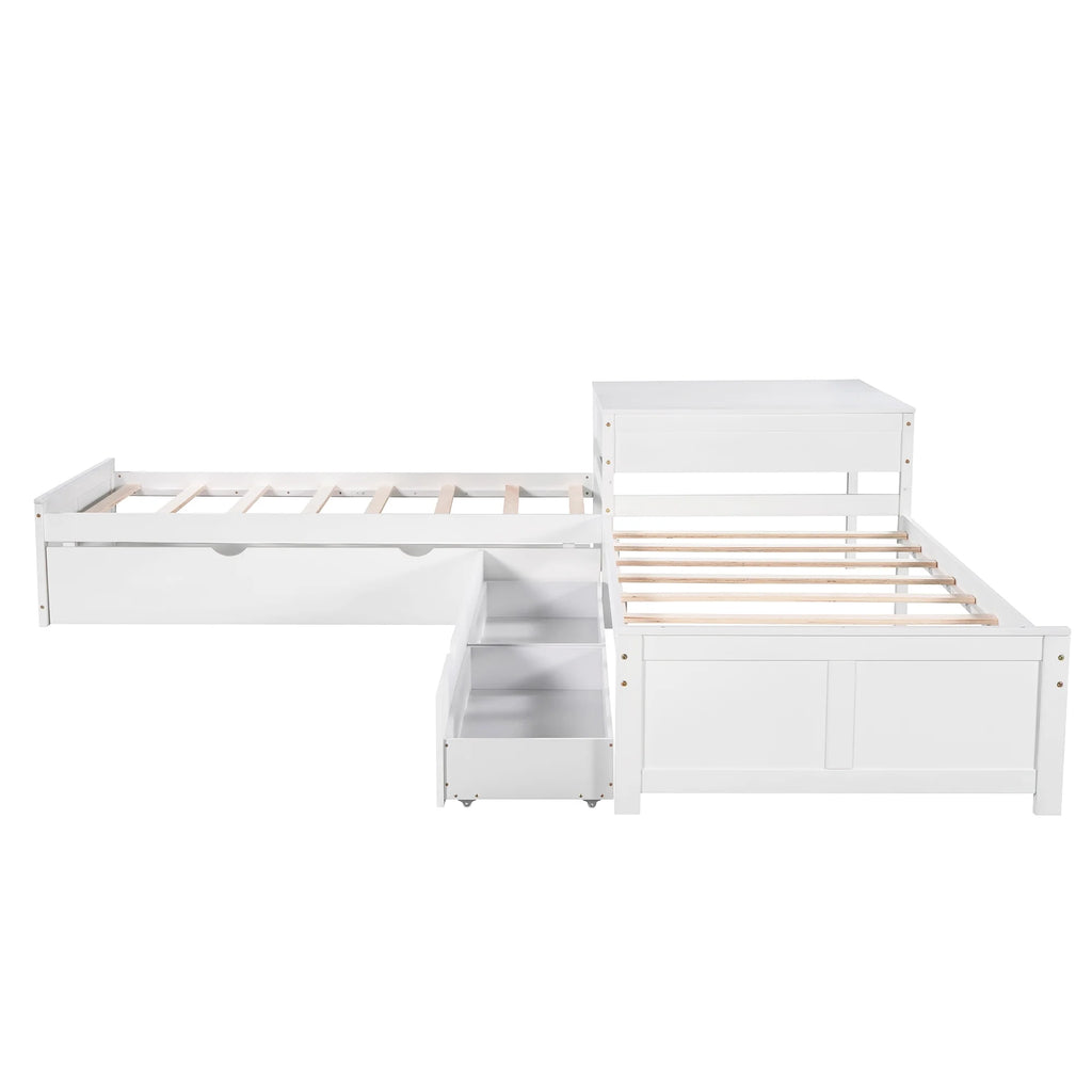 Euroco Wood Twin Size L-Shaped Platform Bed with Square Storage Table for Kids Teens, 2 Platform Beds with Trundle and Drawers for Living Room, 3 Twin Beds, Gray