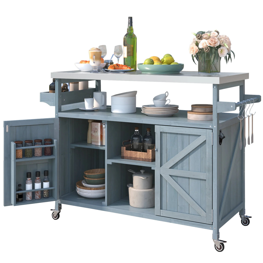 Outdoor Kitchen Island, Rolling Bar Cart & Storage Cabinet, Farmhouse Solid Wood Outdoor Grill Table with Stainless Steel Top, Spice Rack , Towel Rack for Kitchen & BBQ , Natural