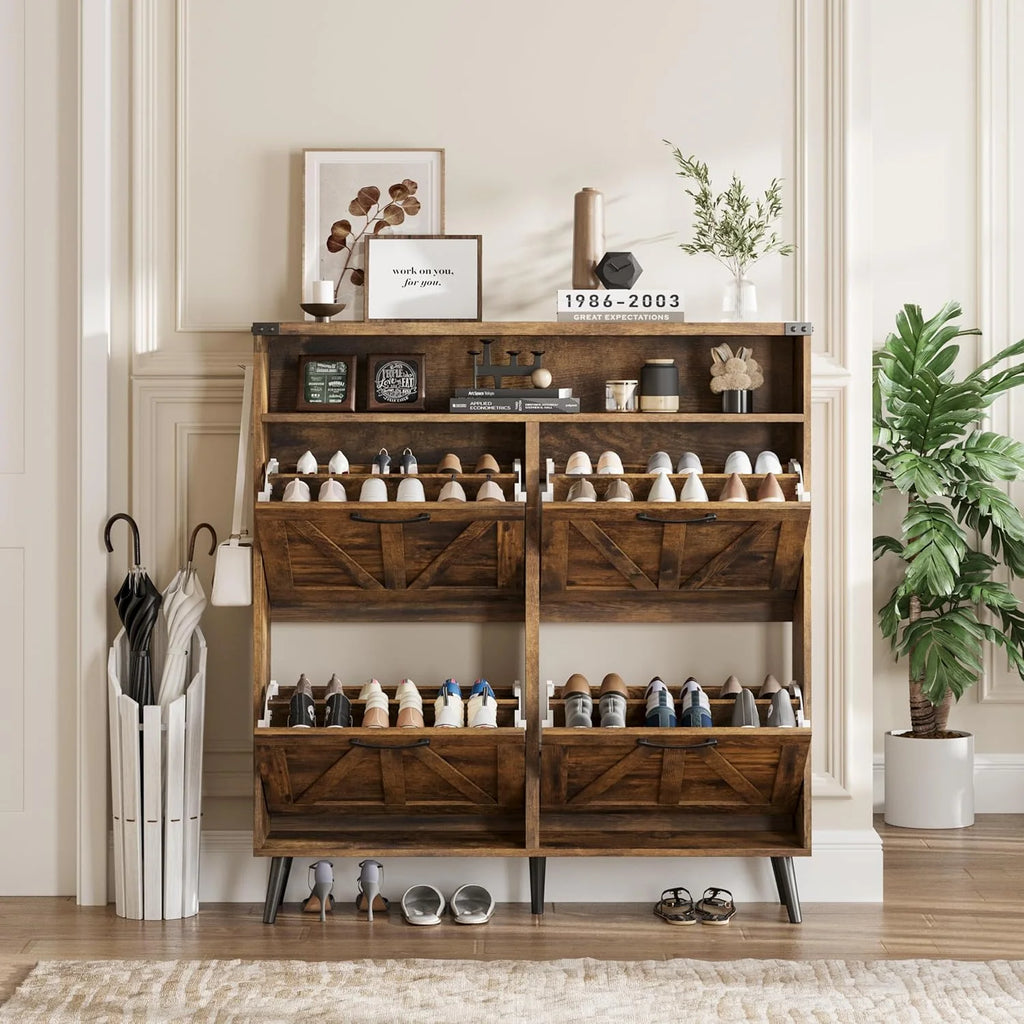 Veanerwood Shoe Cabinet with 2 Flip Drawers Farmhouse Shoe Storage Cabinet Organizer for Entryway, Gray