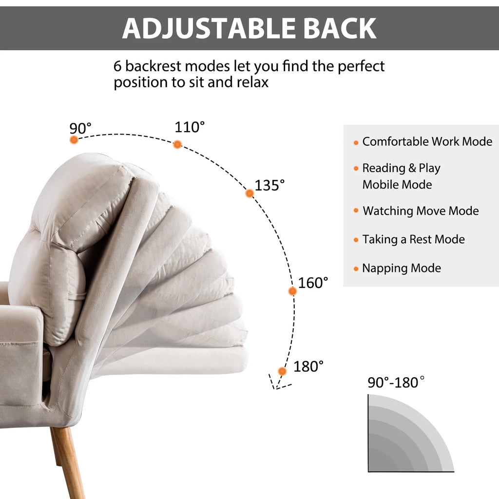 Bestier Adjustable Accent Chairs with Ottoman, Velvet Fabric Armchair for Bedroom Living Room, Comfy Lounge Chair with Padded Backrest and Side Pocket, Soft Reading Chair, Beige