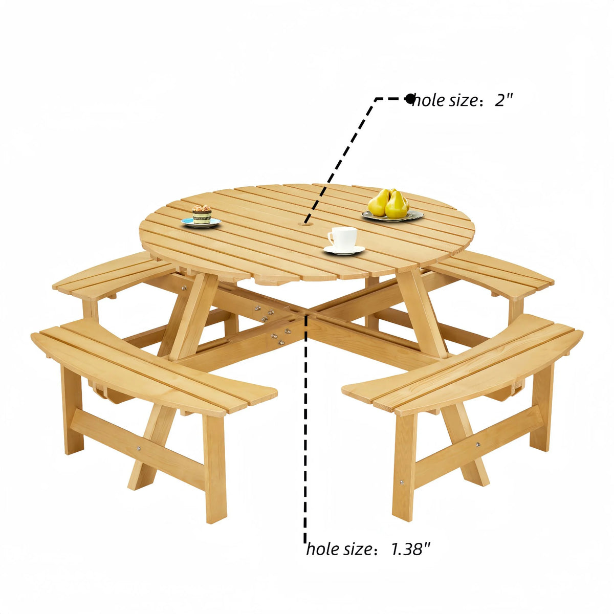 8 Person Wood Picnic Table, Outdoor Round Picnic Table with 4 Built-in Benches, Umbrella Hole, Outside Table and Bench Set for Patio, Backyard, 500lbs Capacity Per Bench