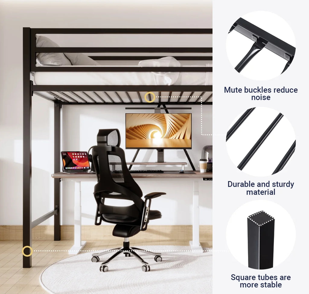 Sifurni Black Heavy Duty Twin Size Metal Loft Bed with Full-Length Guardrail & Removable Stairs